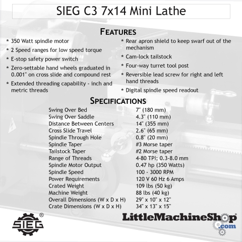 SIEG C3 7x14 Mini Lathe - Specifications Callout