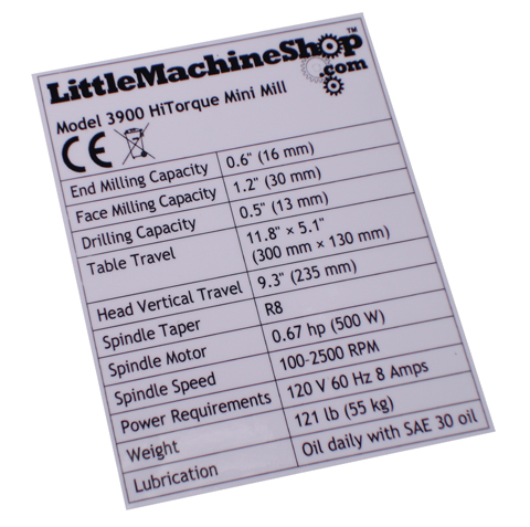 Label, Front Panel, HiTorque Mini Mill