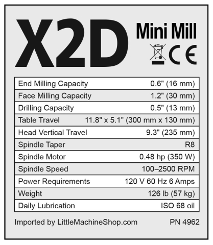 SIEG X2D Mini Mill - Specifications label