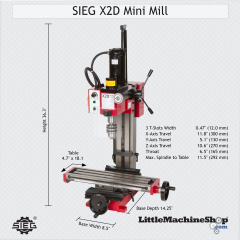 SIEG X2D Mini Mill - Dimensions Callout