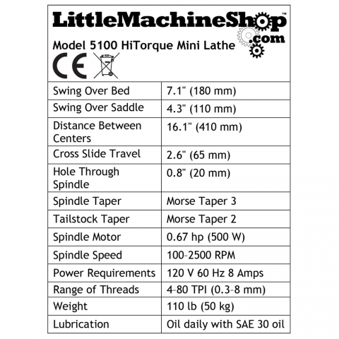 "5100 HiTorque 7x16 Mini Lathe