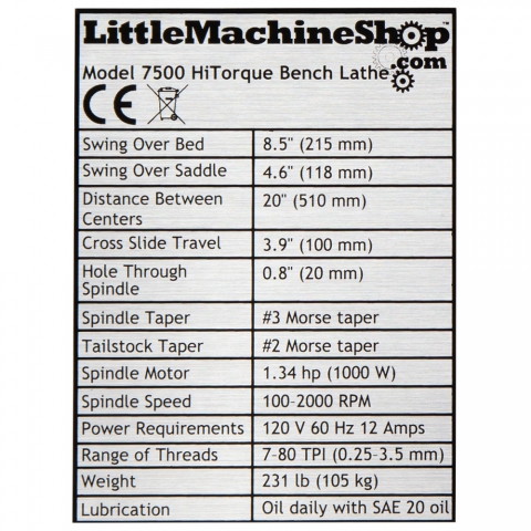 HiTorque 8.5x20 Bench Lathe - label